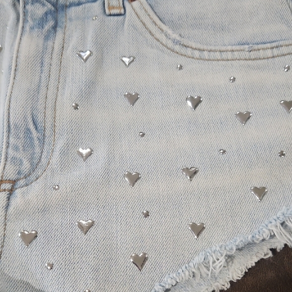 Topshop Blue and Silver Jean Shorts with Studded Heart Embellishments - Picture 3 of 9
